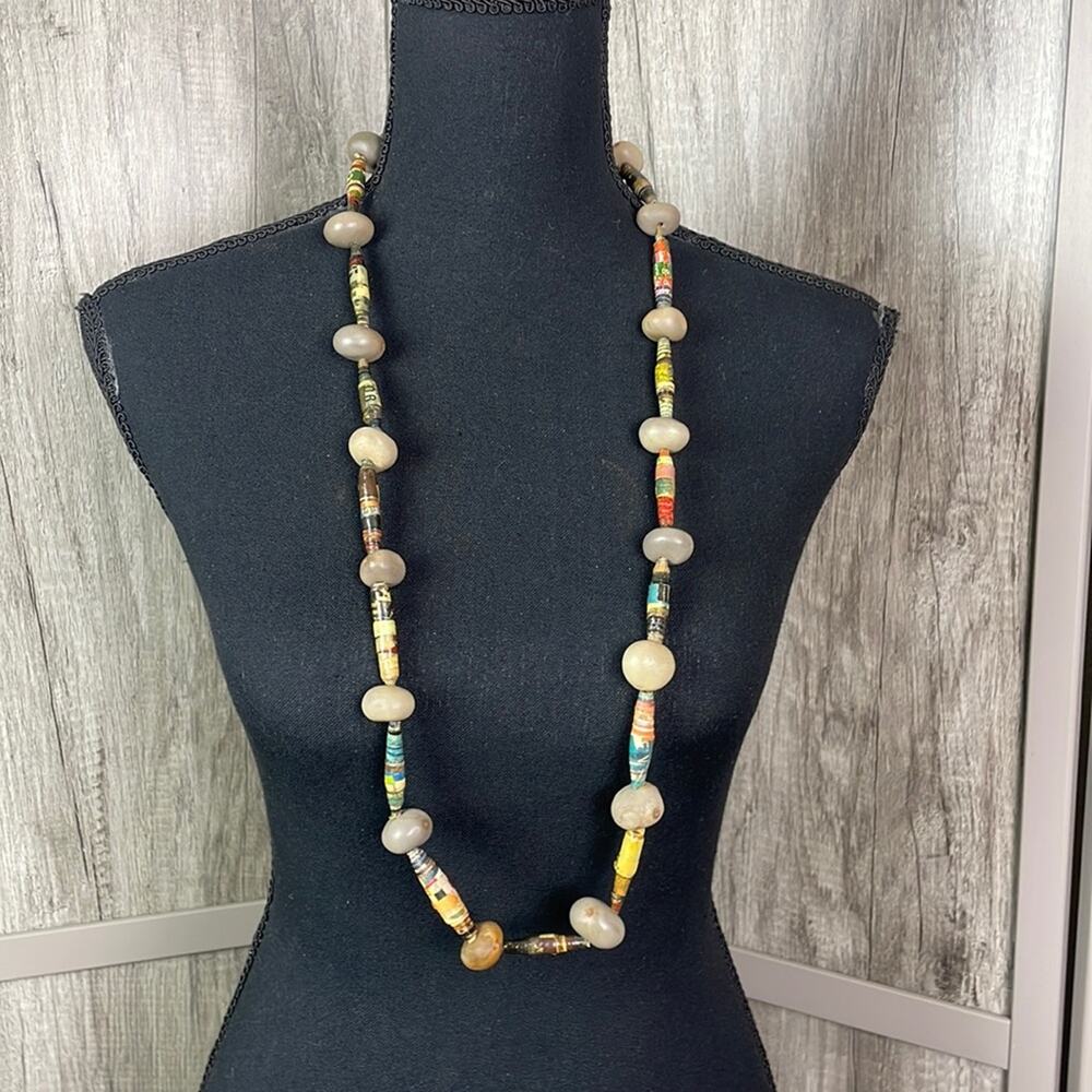 Paper mache long beaded necklace